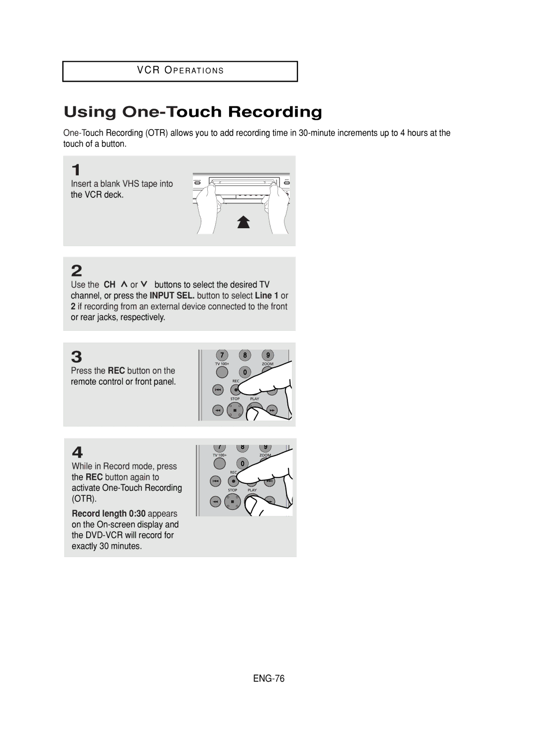 Samsung DVD-V9700 instruction manual Using One-Touch Recording, ENG-76 