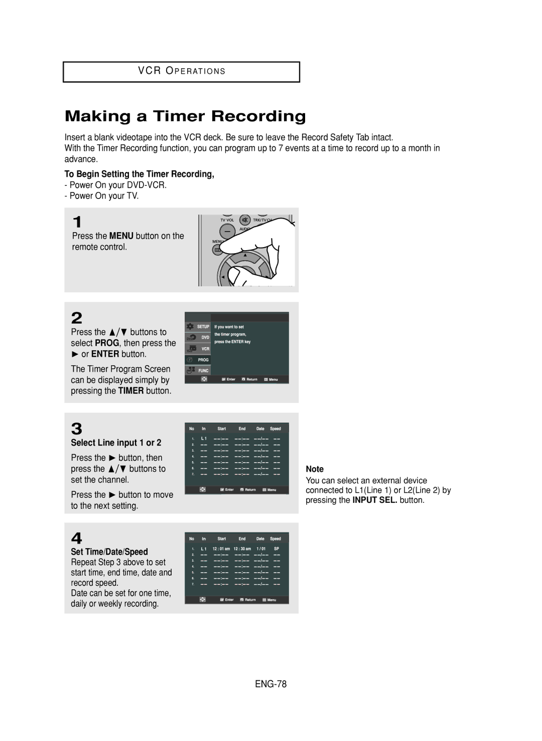 Samsung DVD-V9700 Making a Timer Recording, ENG-78, To Begin Setting the Timer Recording, Select Line input 1 or 