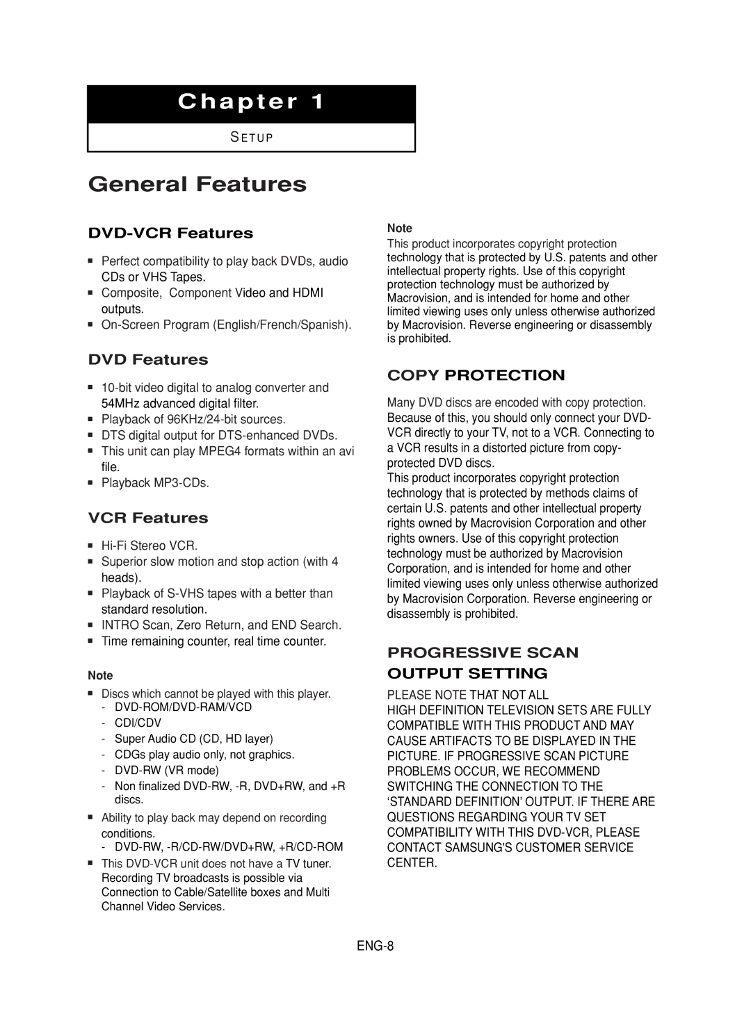 Samsung DVD-V9700 instruction manual General Features, DVD-VCR Features, DVD Features 