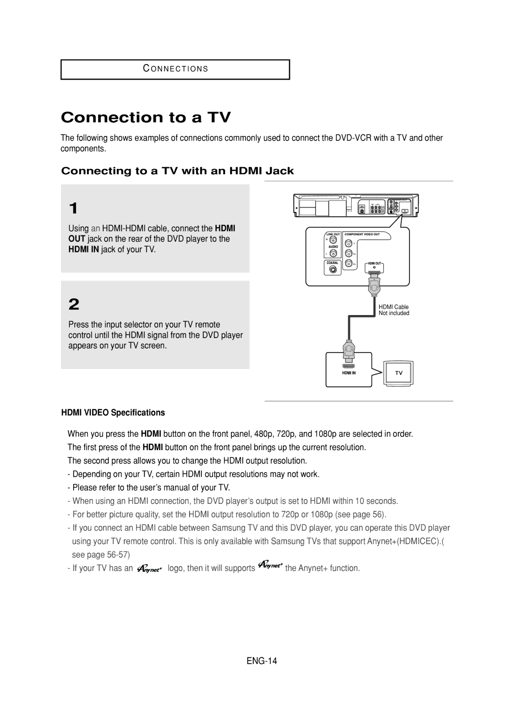 Samsung DVD-V9800 Connection to a TV, Connecting to a TV with an Hdmi Jack, ENG-14, Hdmi Video Specifications 