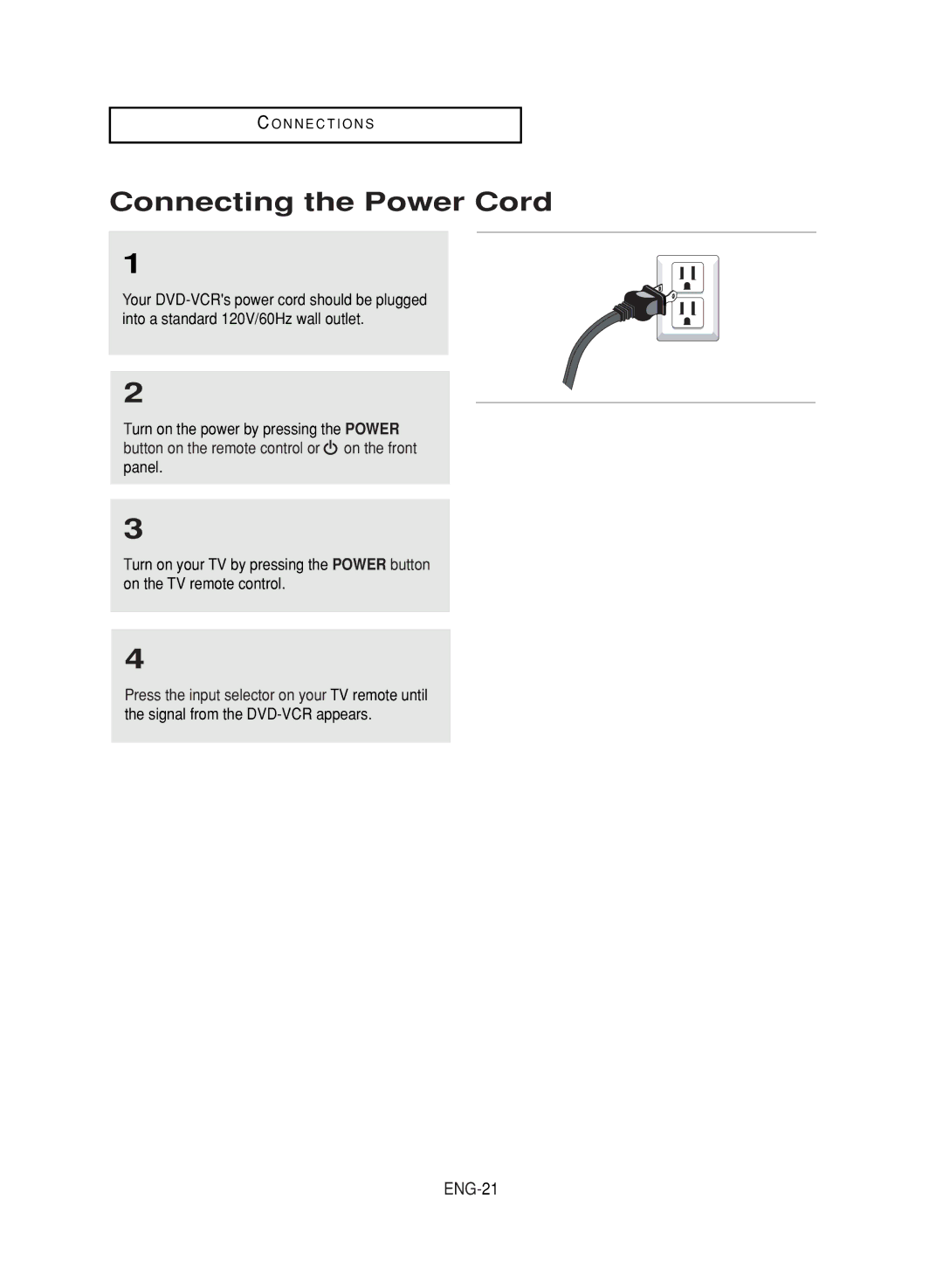 Samsung DVD-V9800 instruction manual Connecting the Power Cord, ENG-21 