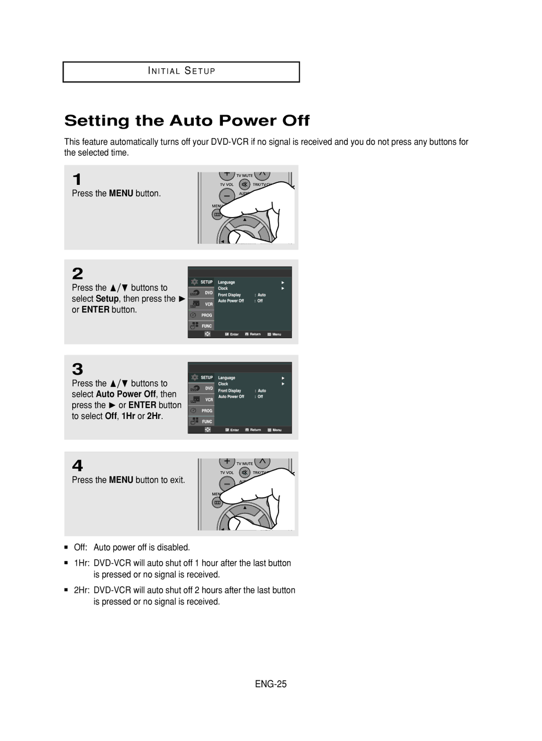 Samsung DVD-V9800 instruction manual Setting the Auto Power Off, ENG-25 