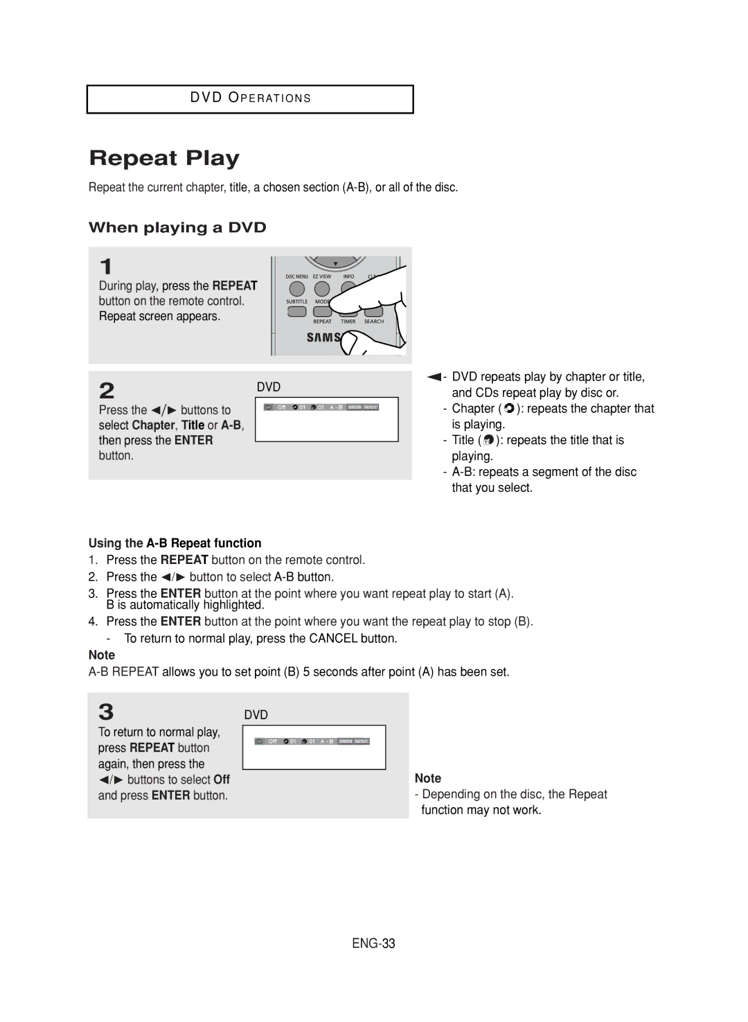 Samsung DVD-V9800 instruction manual Repeat Play, When playing a DVD, ENG-33, Using the A-B Repeat function 