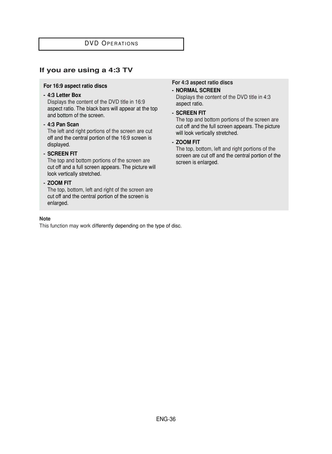 Samsung DVD-V9800 instruction manual If you are using a 43 TV, ENG-36, For 169 aspect ratio discs Letter Box, Pan Scan 
