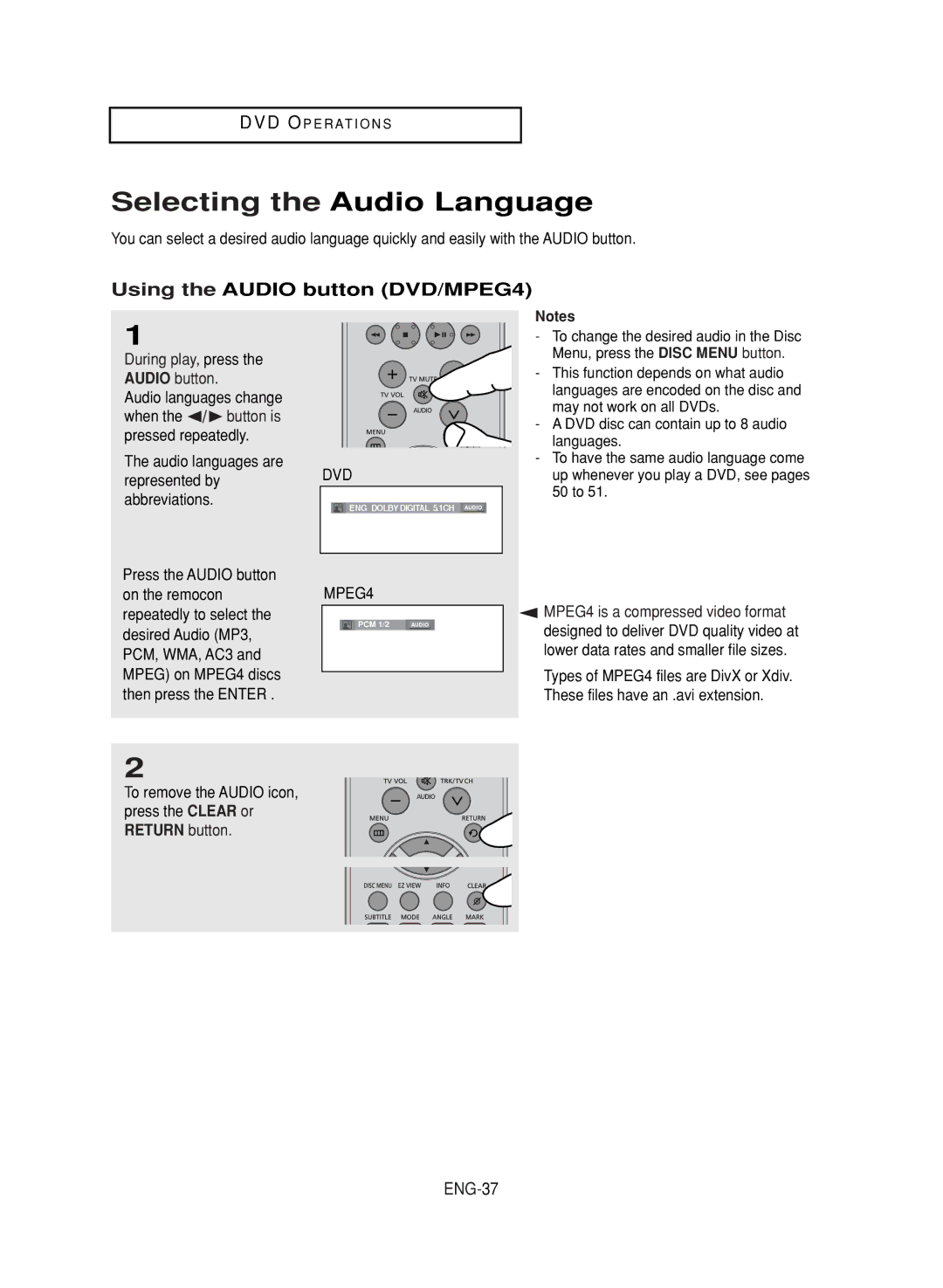 Samsung DVD-V9800 instruction manual Selecting the Audio Language, Using the Audio button DVD/MPEG4, ENG-37 