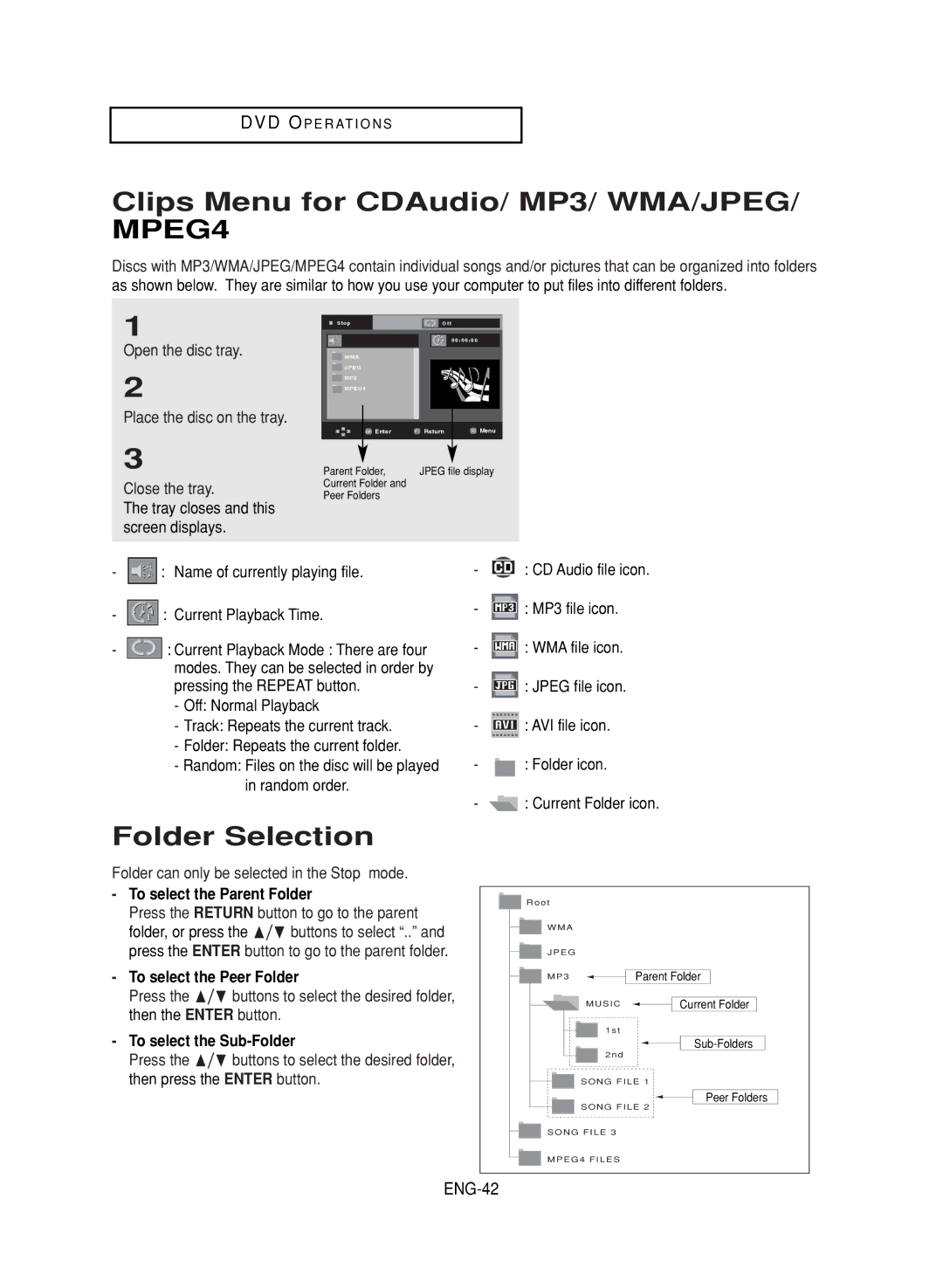 Samsung DVD-V9800 instruction manual Clips Menu for CDAudio/ MP3/ WMA/JPEG/ MPEG4, Folder Selection, ENG-42 