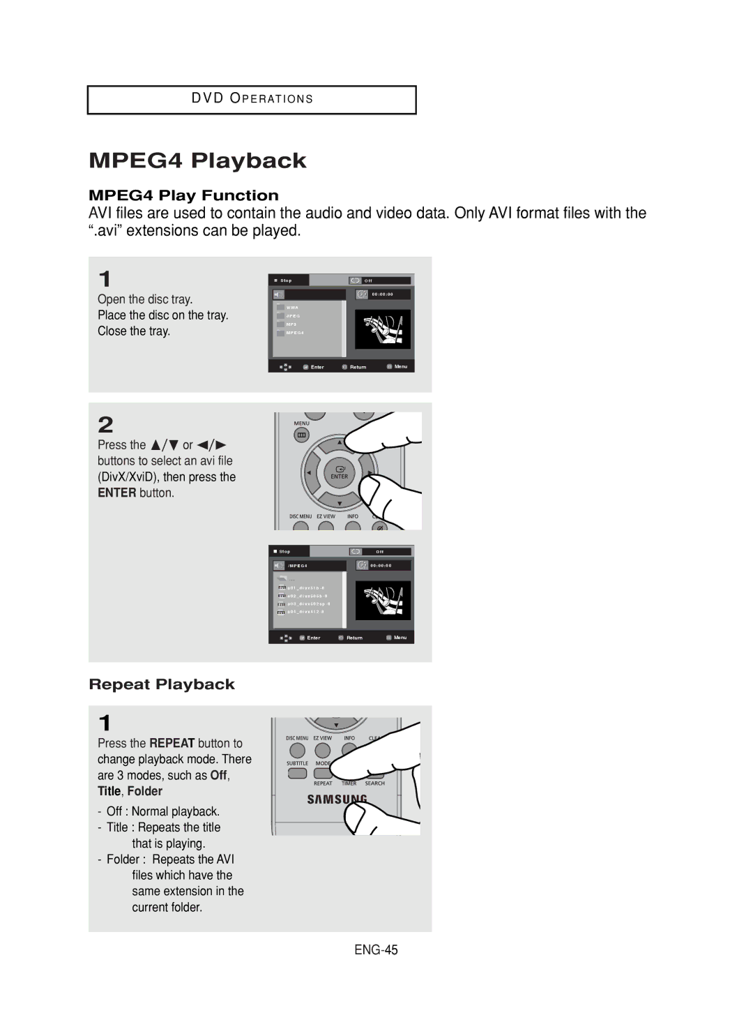 Samsung DVD-V9800 instruction manual MPEG4 Playback, MPEG4 Play Function, Repeat Playback, ENG-45 