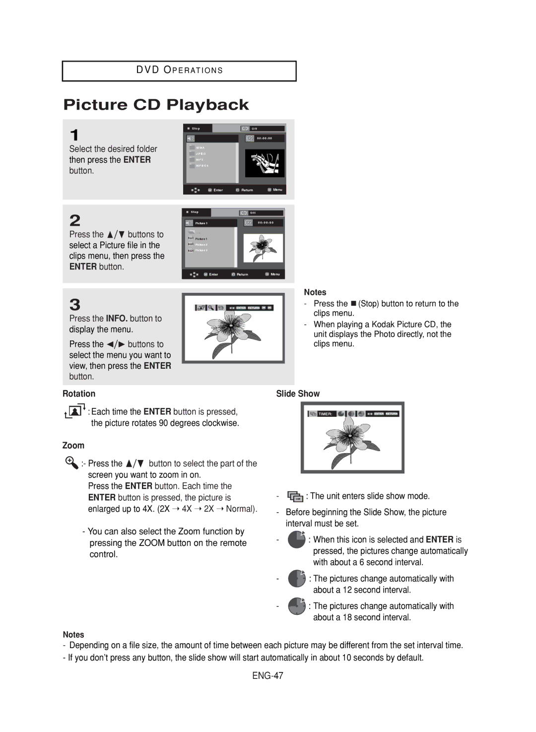 Samsung DVD-V9800 instruction manual Picture CD Playback, ENG-47, Rotation, Zoom, Slide Show 