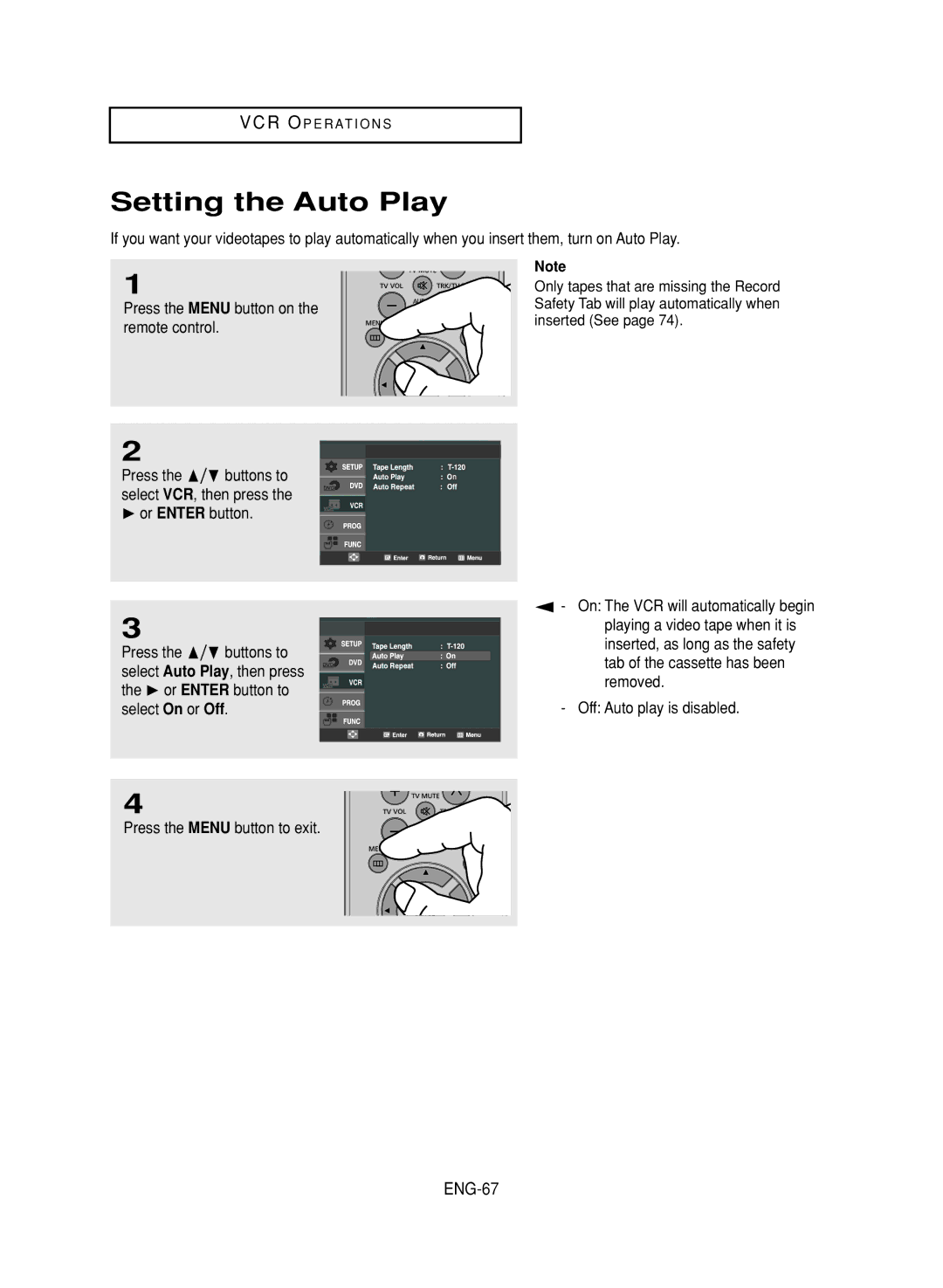 Samsung DVD-V9800 instruction manual Setting the Auto Play, ENG-67 