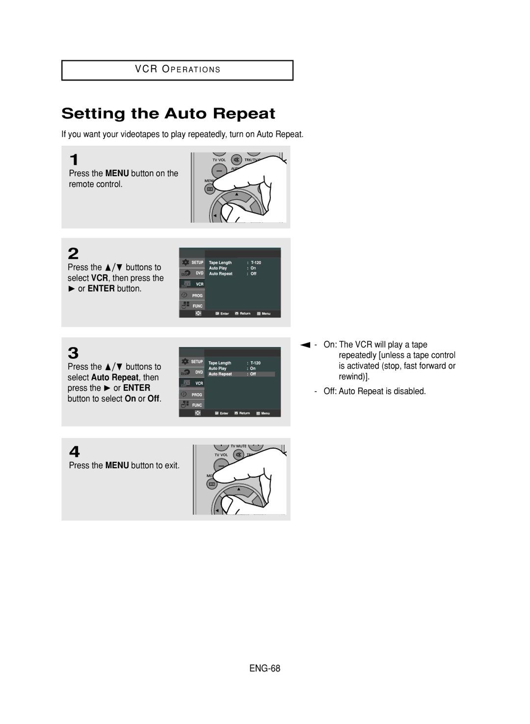 Samsung DVD-V9800 instruction manual Setting the Auto Repeat, ENG-68 