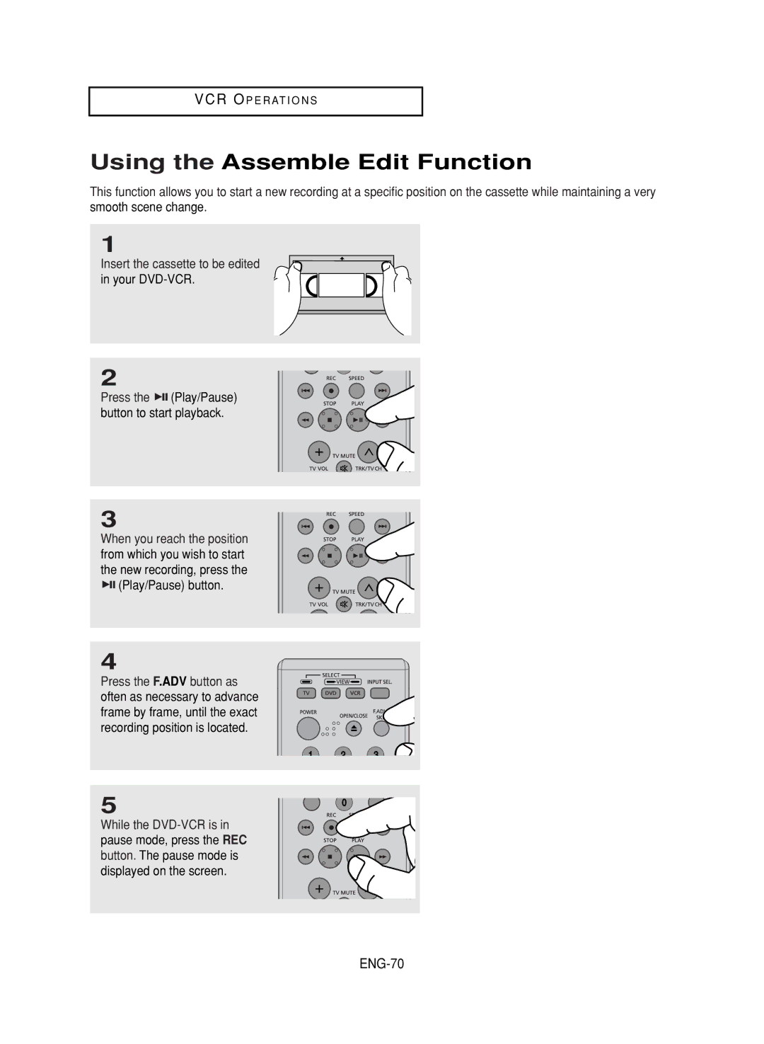 Samsung DVD-V9800 instruction manual Using the Assemble Edit Function, ENG-70 