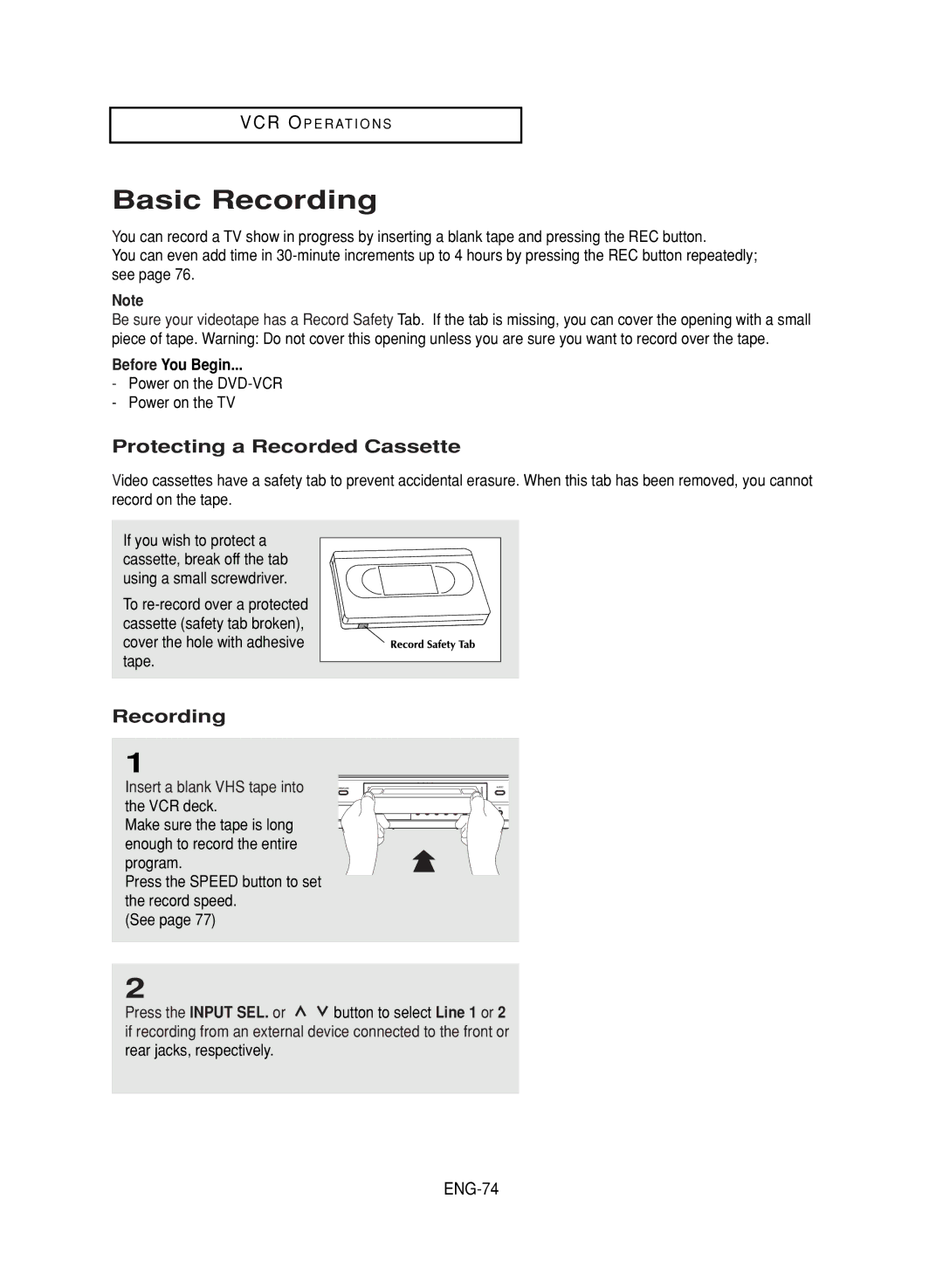 Samsung DVD-V9800 instruction manual Basic Recording, Protecting a Recorded Cassette, ENG-74, Before You Begin 