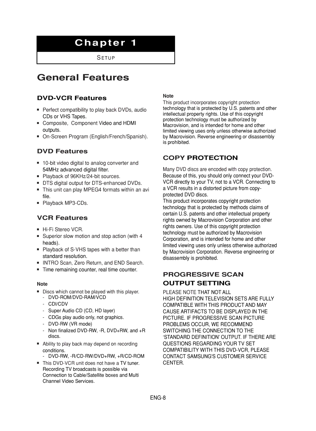 Samsung DVD-V9800 instruction manual General Features, DVD-VCR Features, DVD Features 