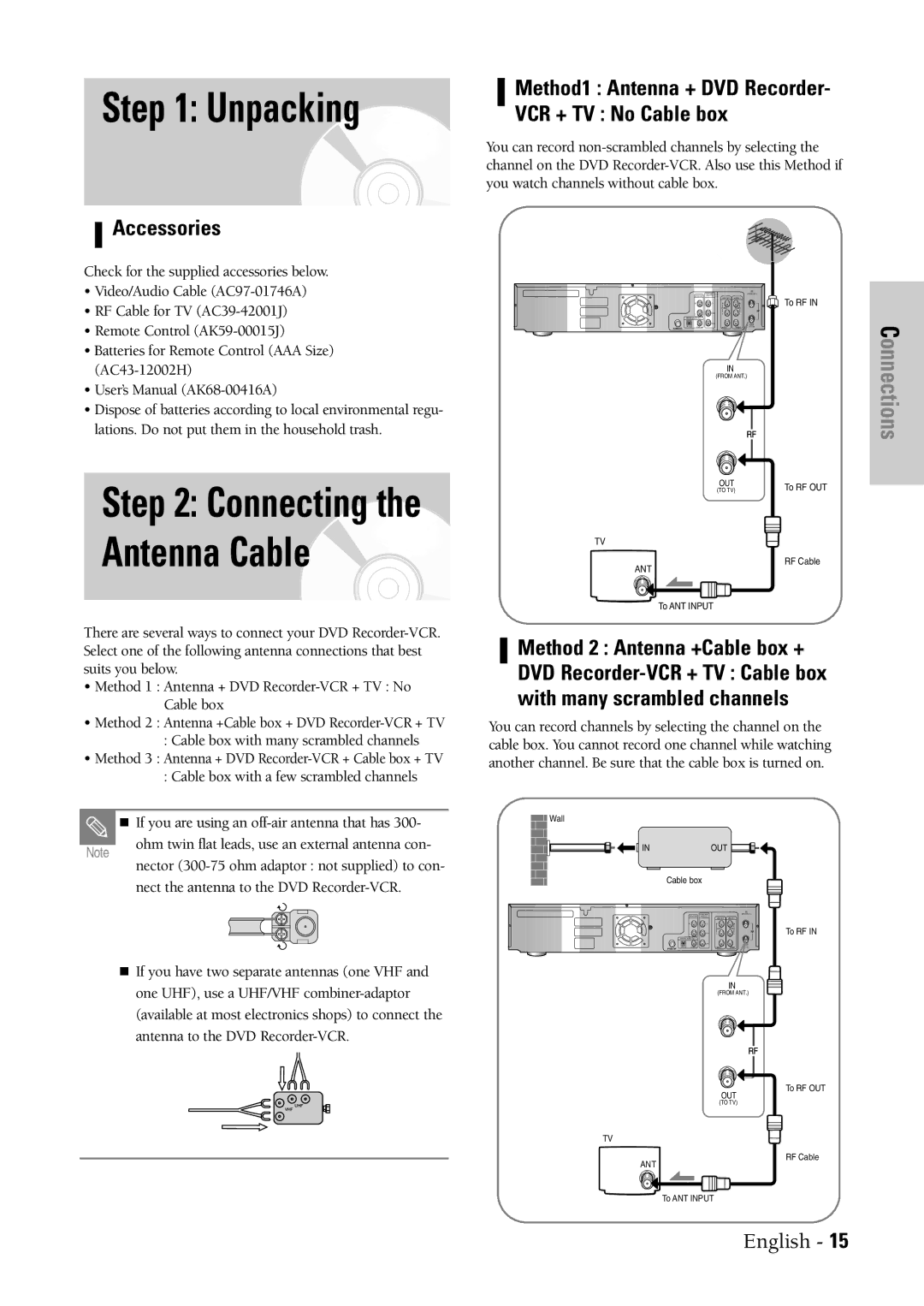 Samsung DVD-VR300 instruction manual Unpacking, Method1 Antenna + DVD Recorder VCR + TV No Cable box, Accessories 