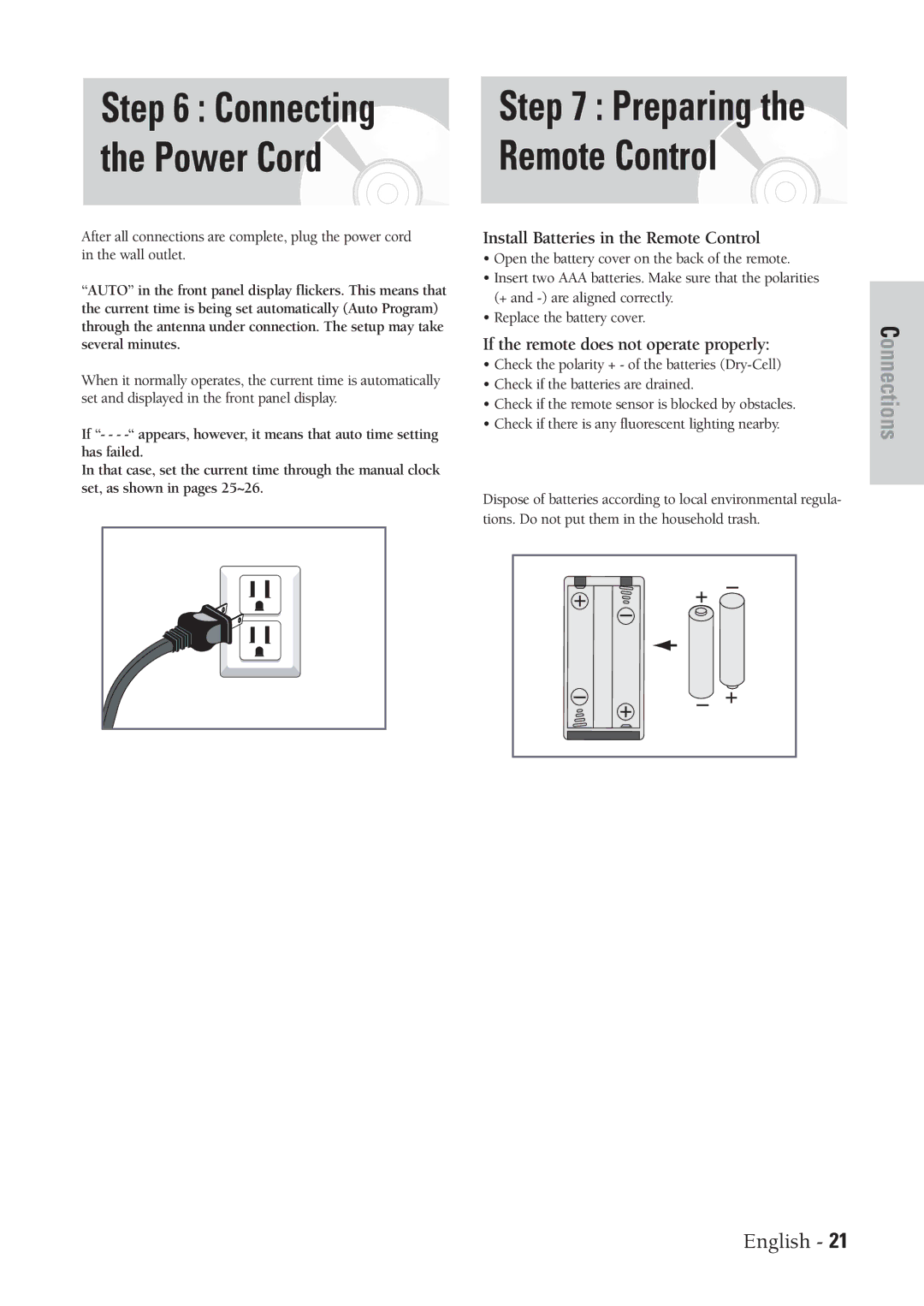 Samsung DVD-VR300 instruction manual Power Cord Remote Control, Install Batteries in the Remote Control 