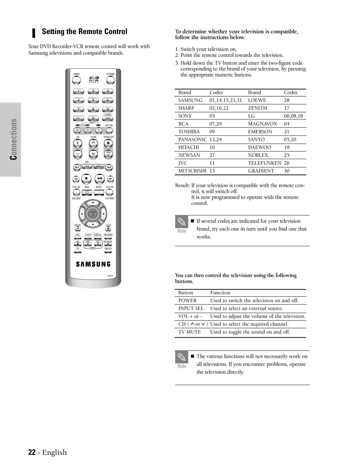 Samsung DVD-VR300 instruction manual Setting the Remote Control 