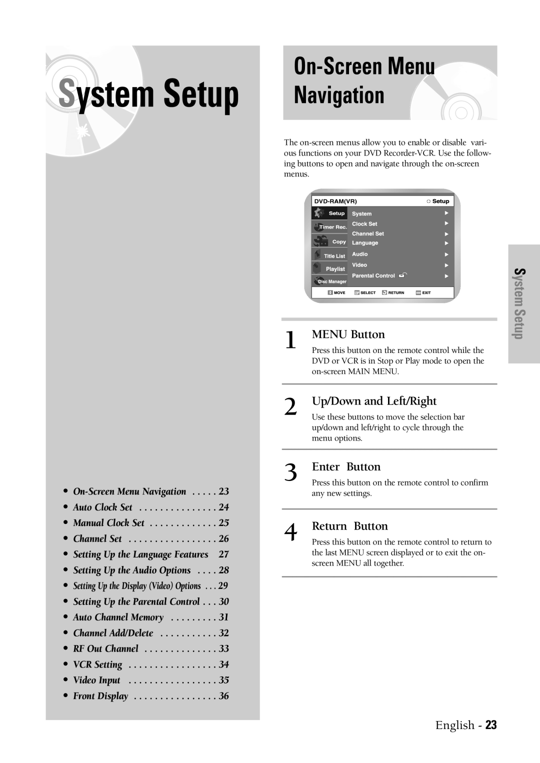 Samsung DVD-VR300 On-Screen Menu Navigation, Menu Button, Up/Down and Left/Right, Enter Button, Return Button 