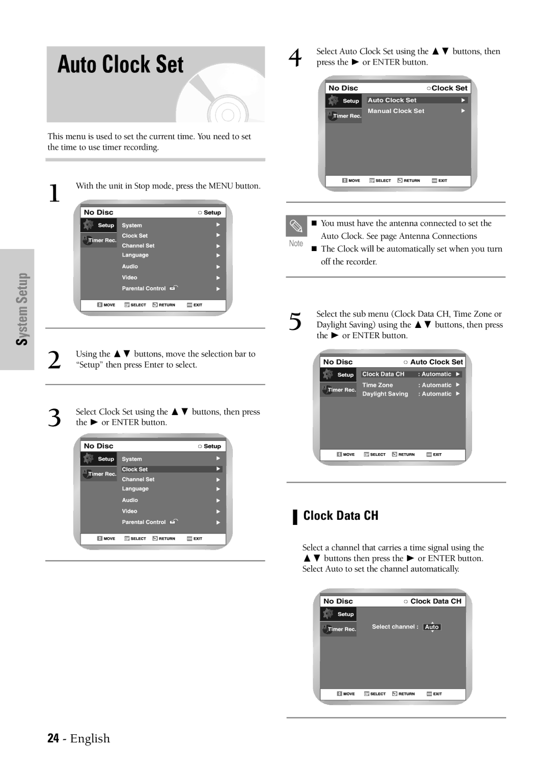 Samsung DVD-VR300 instruction manual Auto Clock Set, Clock Data CH, Select a channel that carries a time signal using 