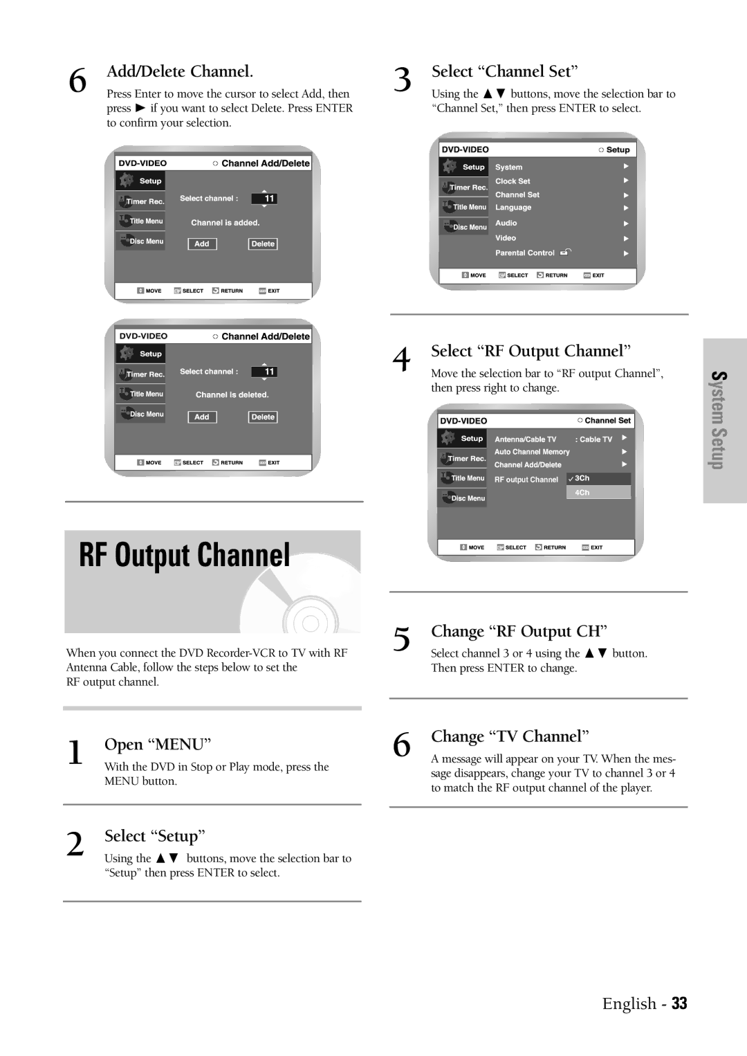 Samsung DVD-VR300 Add/Delete Channel, Select RF Output Channel, Change RF Output CH, Change TV Channel 