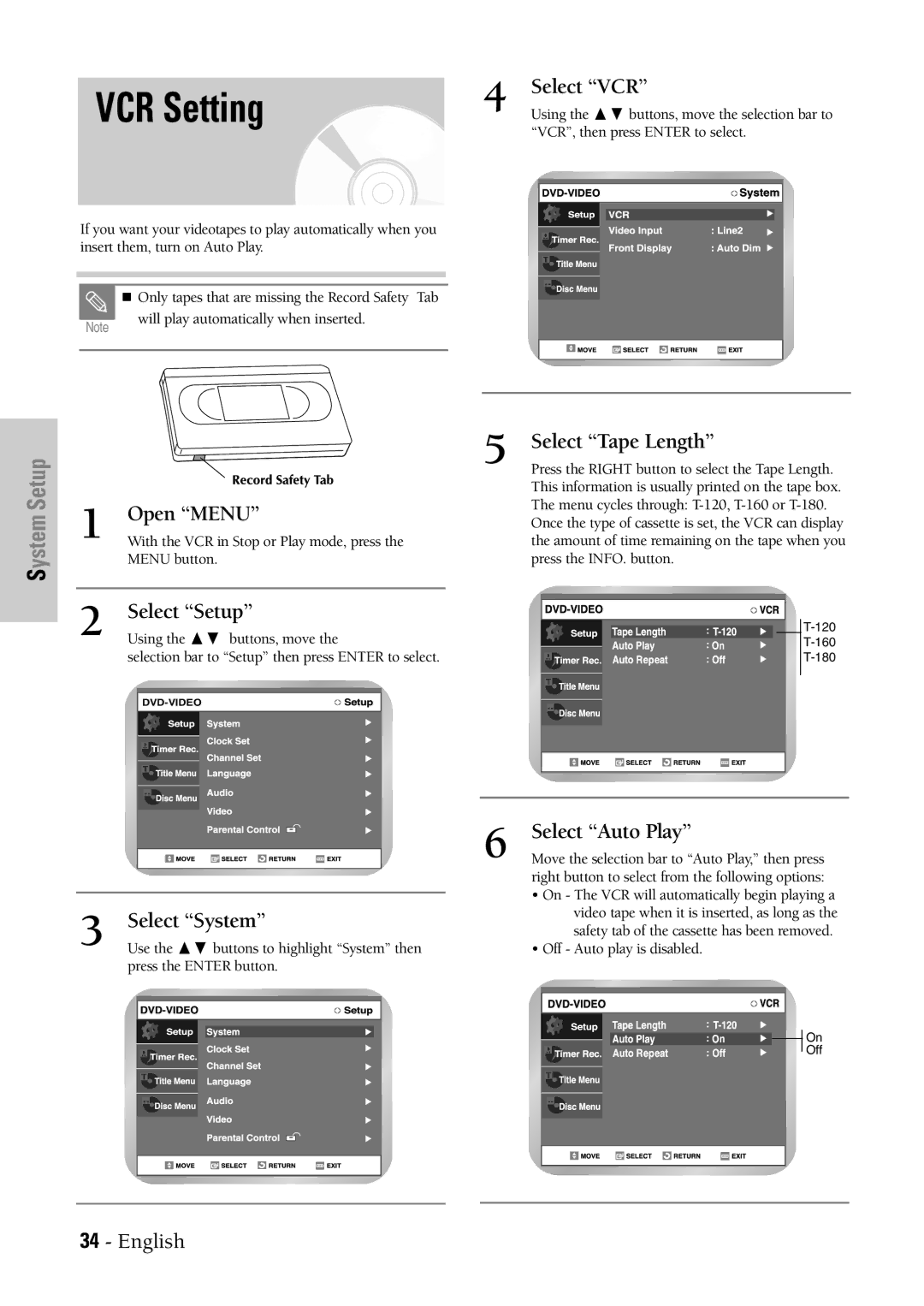 Samsung DVD-VR300 instruction manual VCR Setting, Select VCR, Select Tape Length, Select System, Select Auto Play 