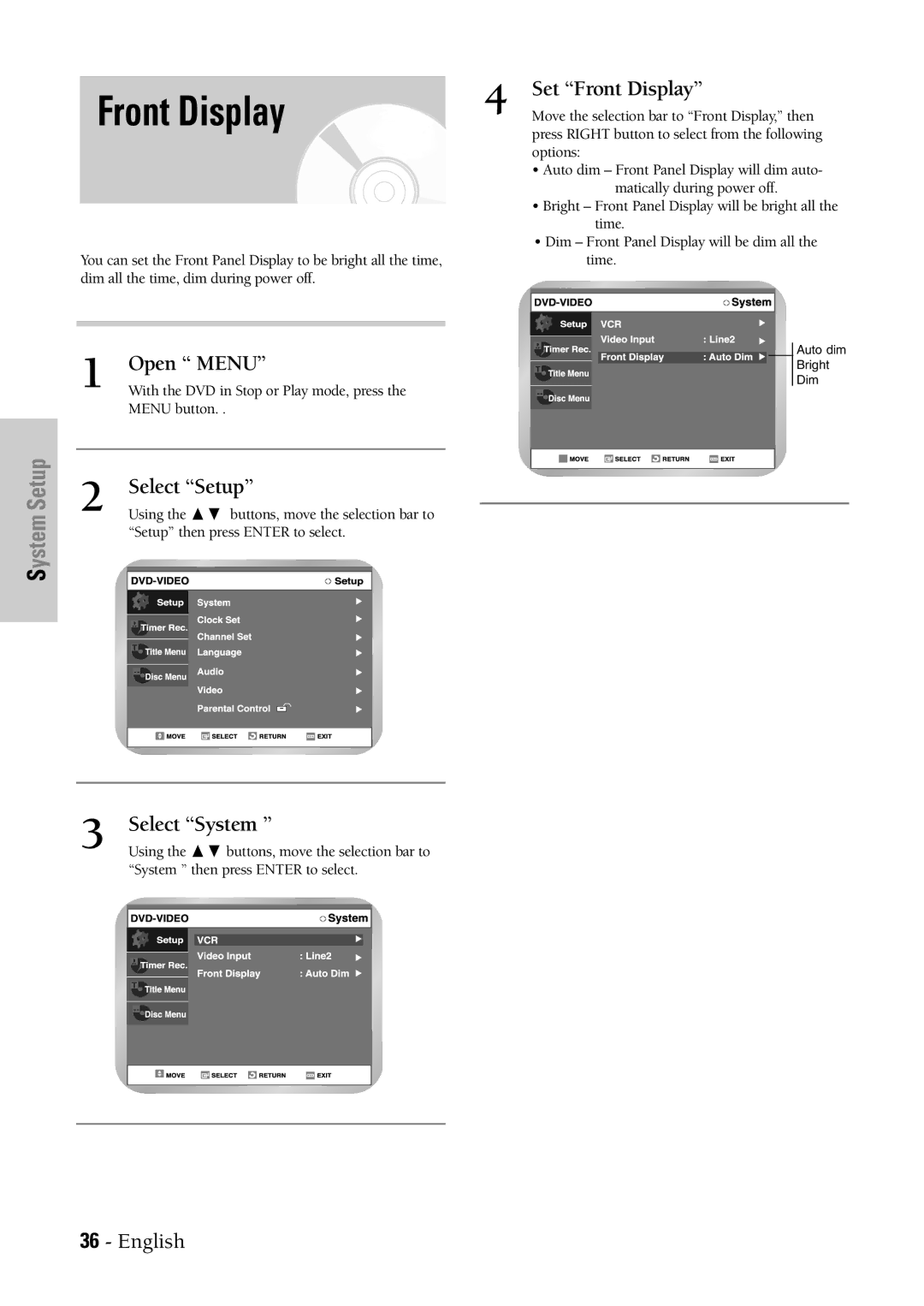 Samsung DVD-VR300 instruction manual Set Front Display 