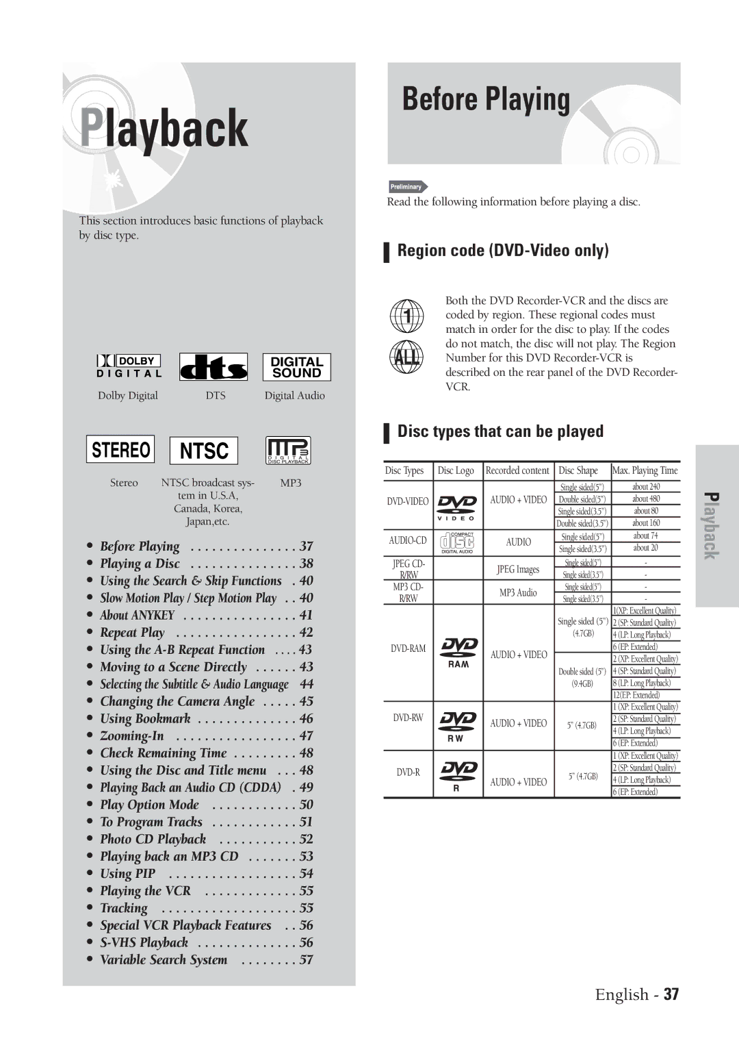 Samsung DVD-VR300 instruction manual Before Playing, Region code DVD-Video only, Disc types that can be played 