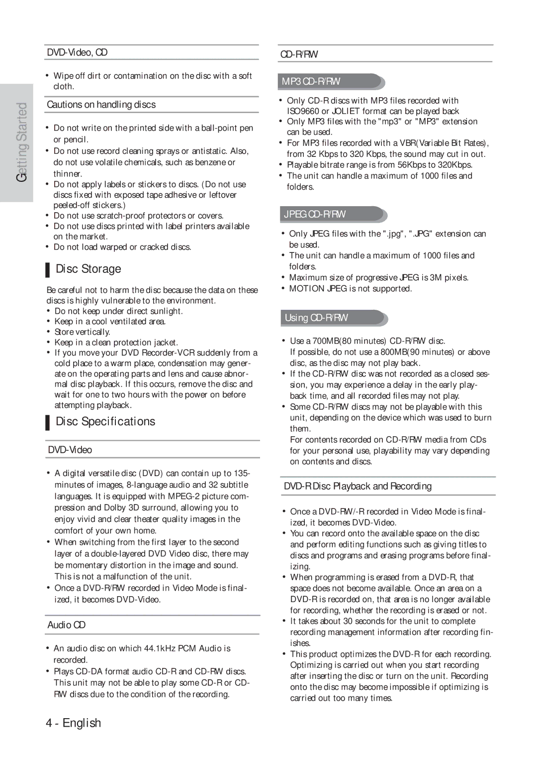 Samsung DVD-VR300 instruction manual Disc Storage, Disc Specifications 