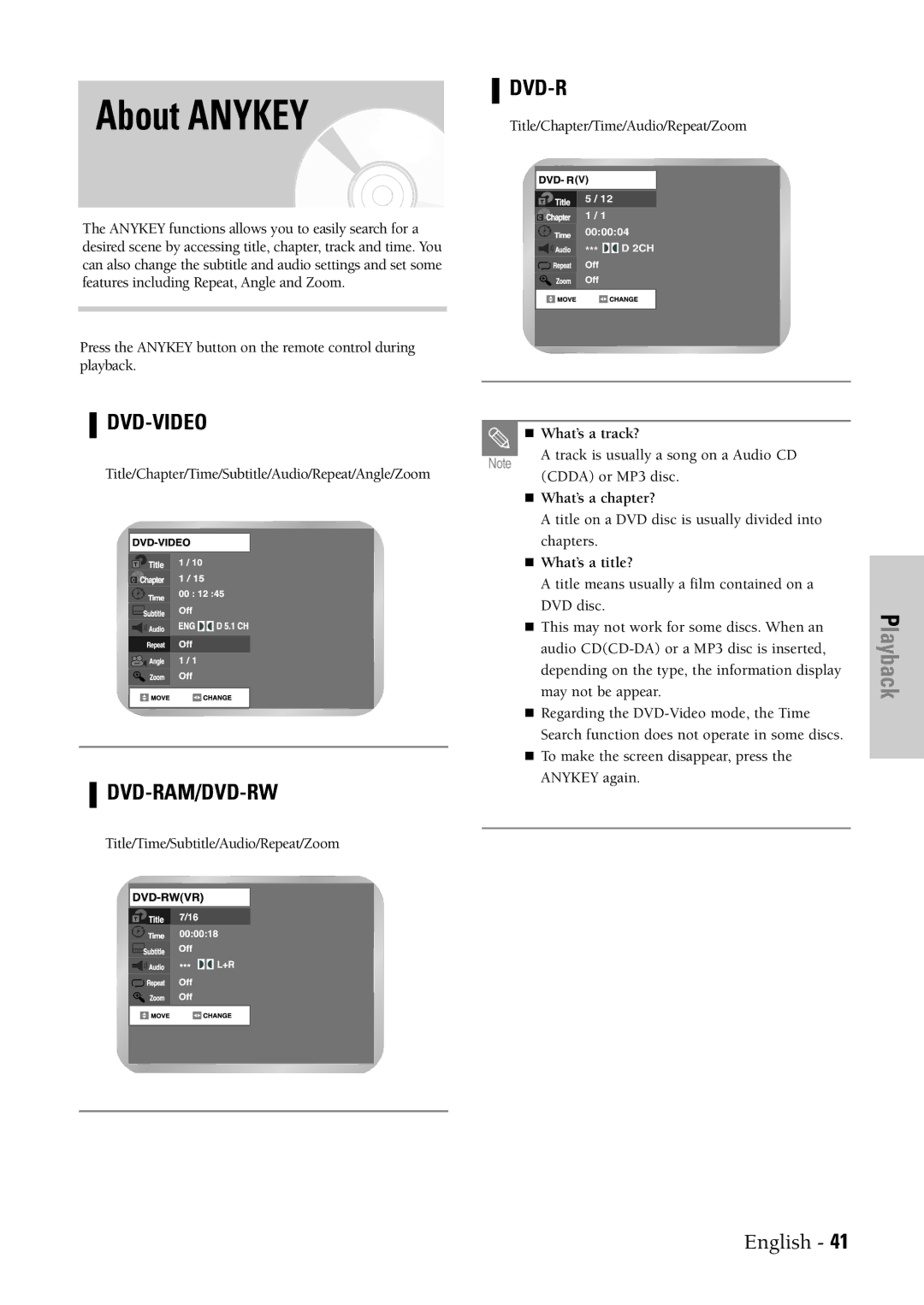 Samsung DVD-VR300 instruction manual About Anykey, What’s a track?, What’s a chapter?, What’s a title? 