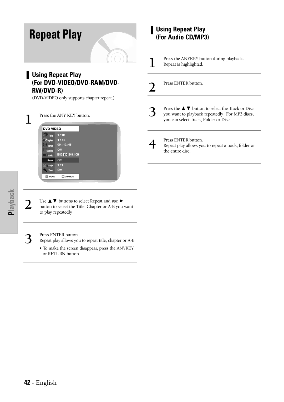 Samsung DVD-VR300 instruction manual Using Repeat Play For DVD-VIDEO/DVD-RAM/DVD, Using Repeat Play For Audio CD/MP3 