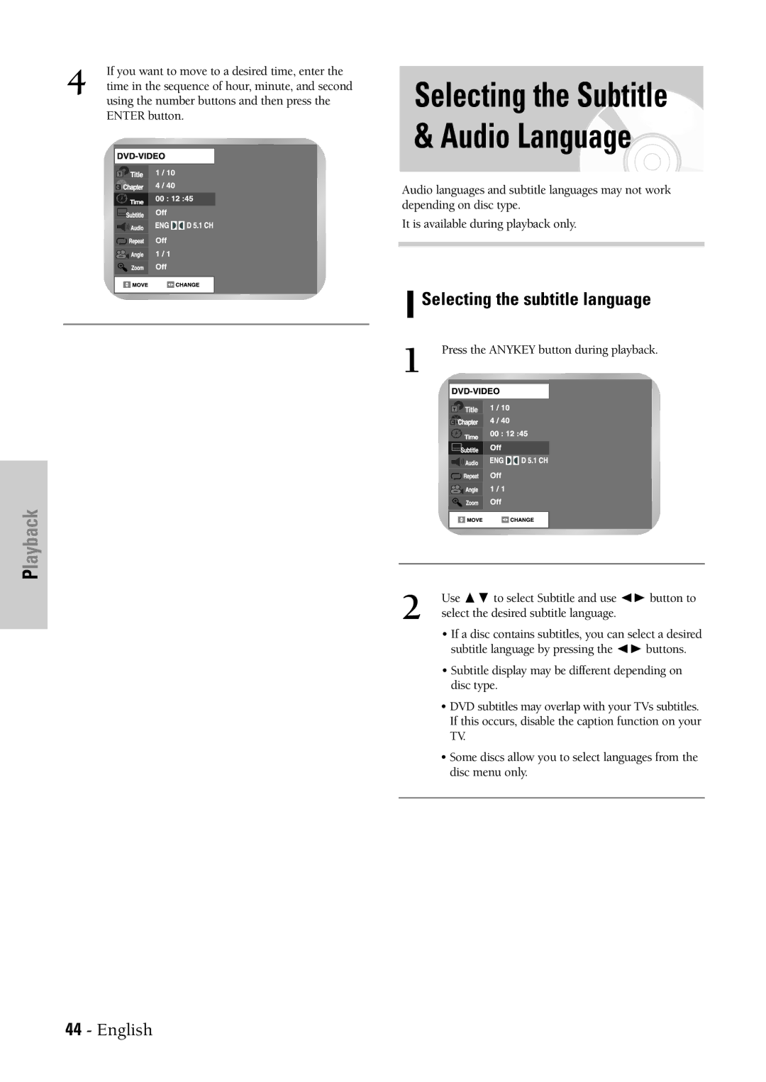 Samsung DVD-VR300 instruction manual Selecting the subtitle language, Press the Anykey button during playback Use 