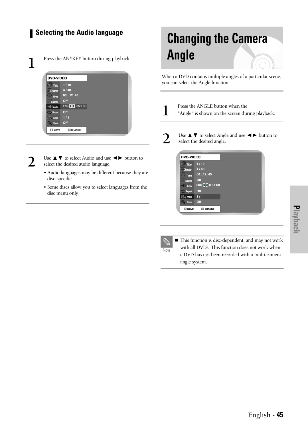 Samsung DVD-VR300 instruction manual Changing the Camera Angle, Selecting the Audio language, Select the desired angle 