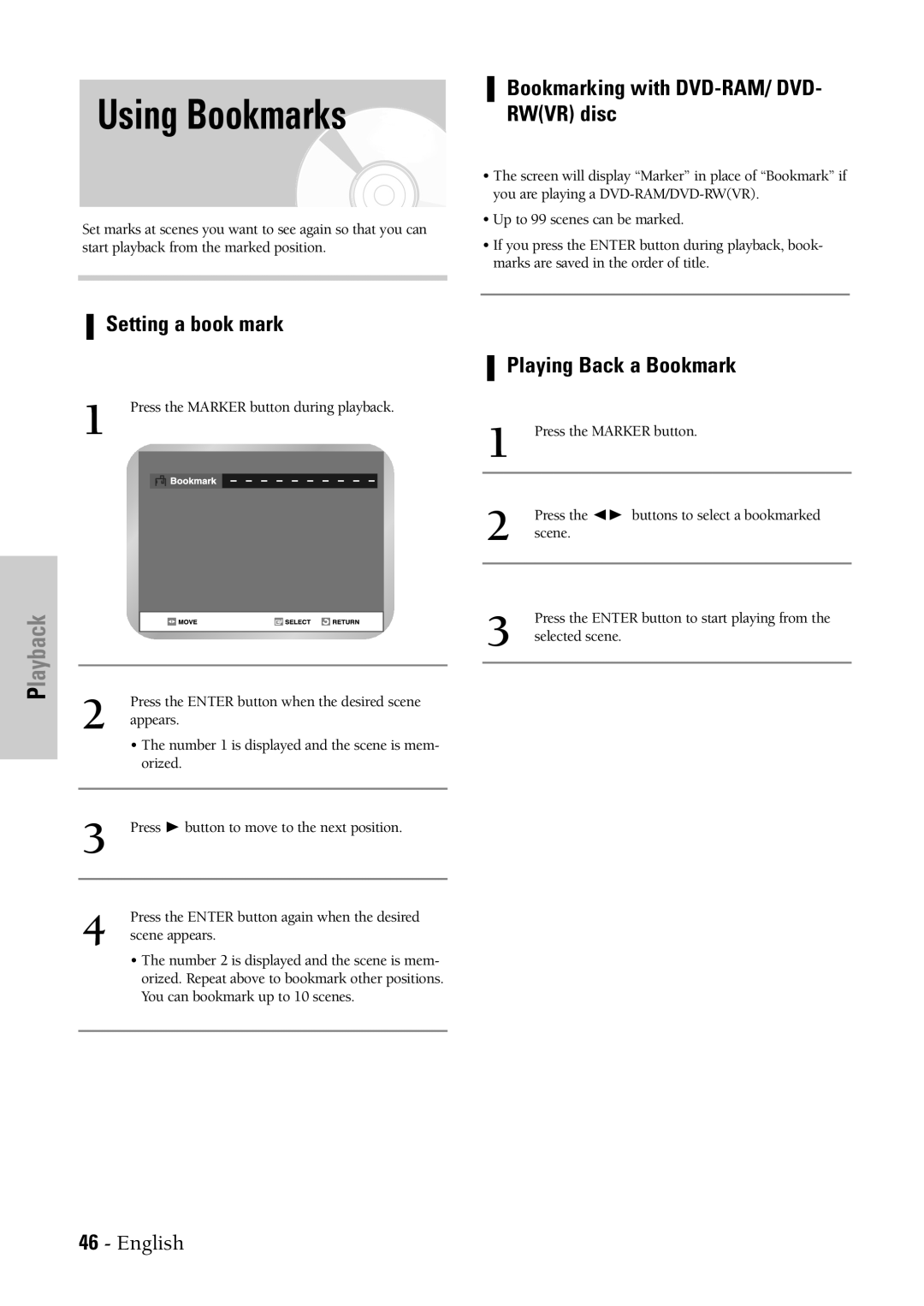 Samsung DVD-VR300 Using Bookmarks, Bookmarking with DVD-RAM/ DVD- Rwvr disc, Setting a book mark, Playing Back a Bookmark 