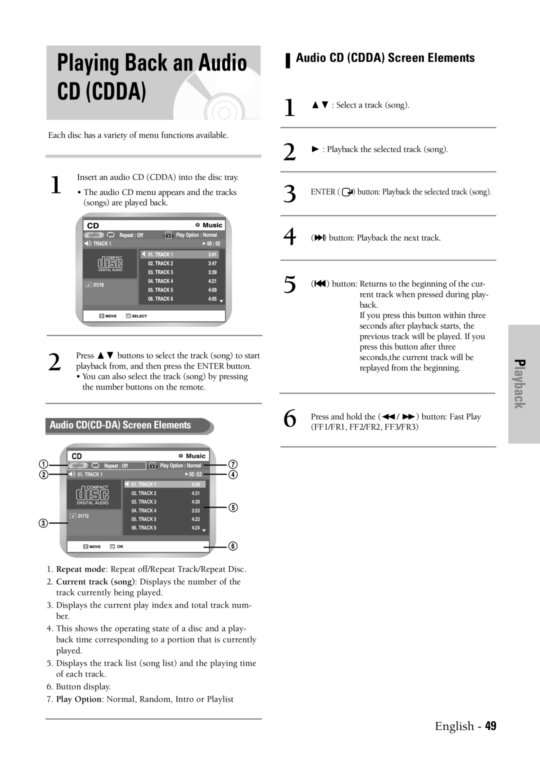 Samsung DVD-VR300 instruction manual Audio CD Cdda Screen Elements 