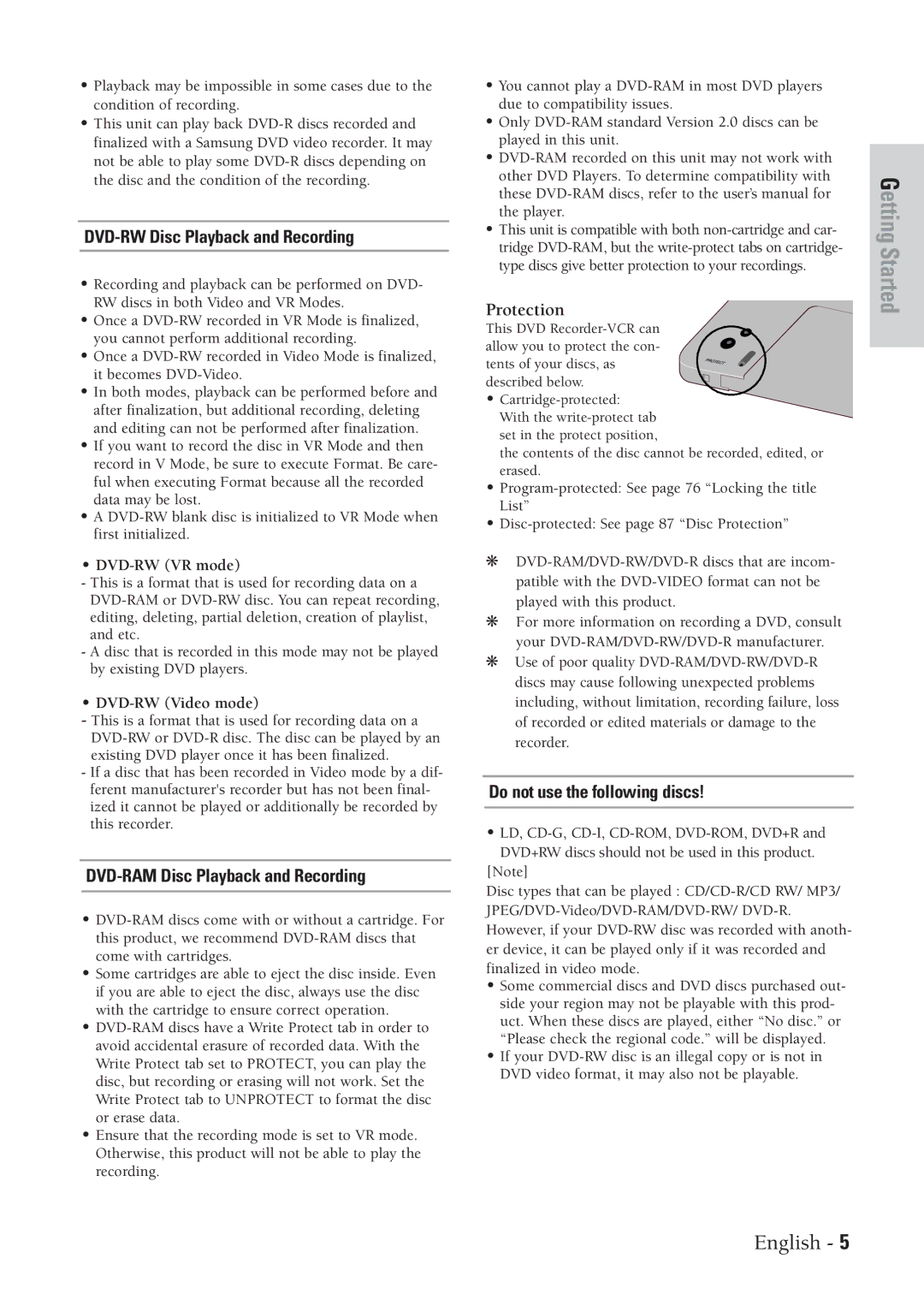 Samsung DVD-VR300 instruction manual DVD-RW Disc Playback and Recording 