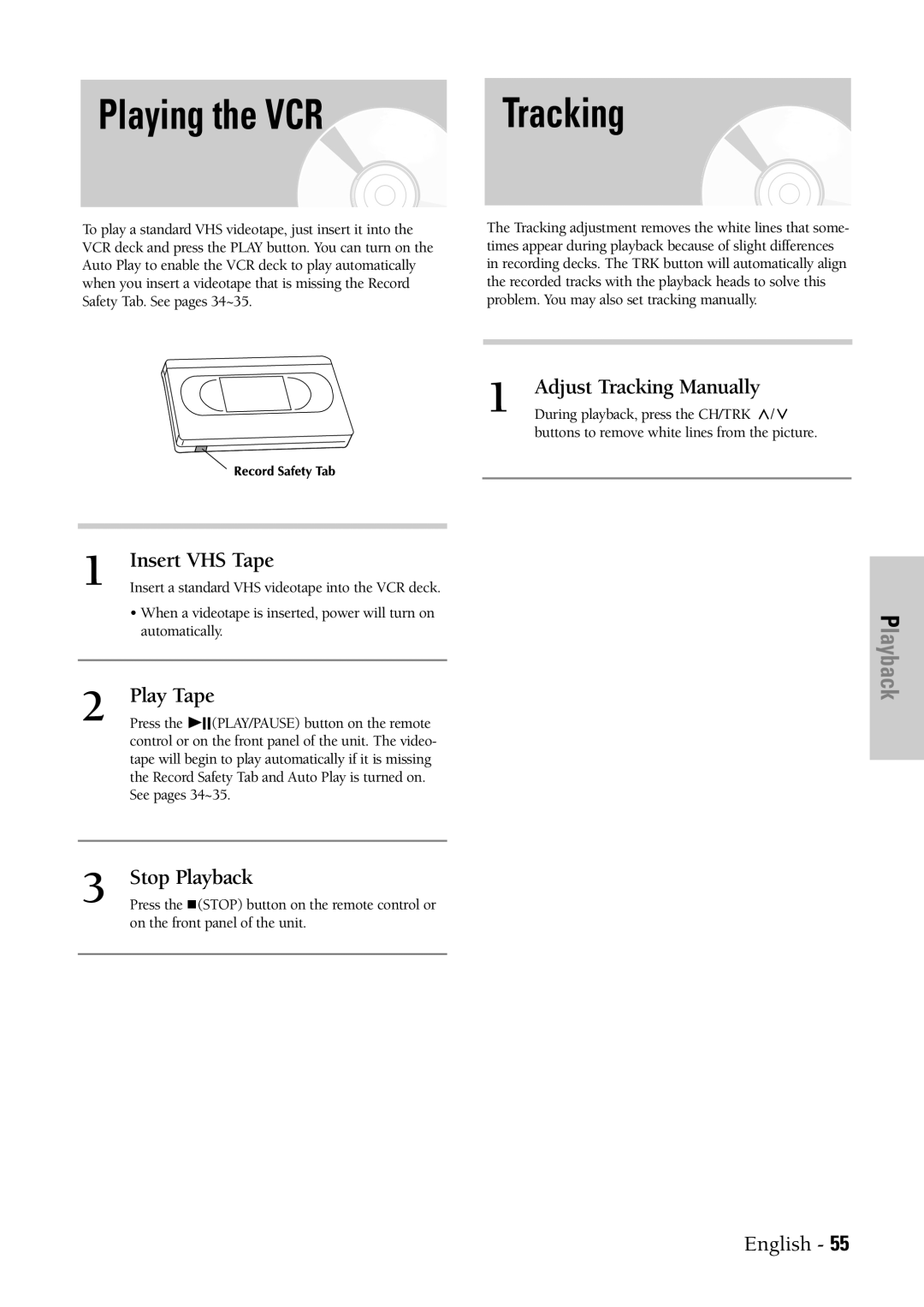 Samsung DVD-VR300 Playing the VCR Tracking, Adjust Tracking Manually, Insert VHS Tape, Play Tape, Stop Playback 