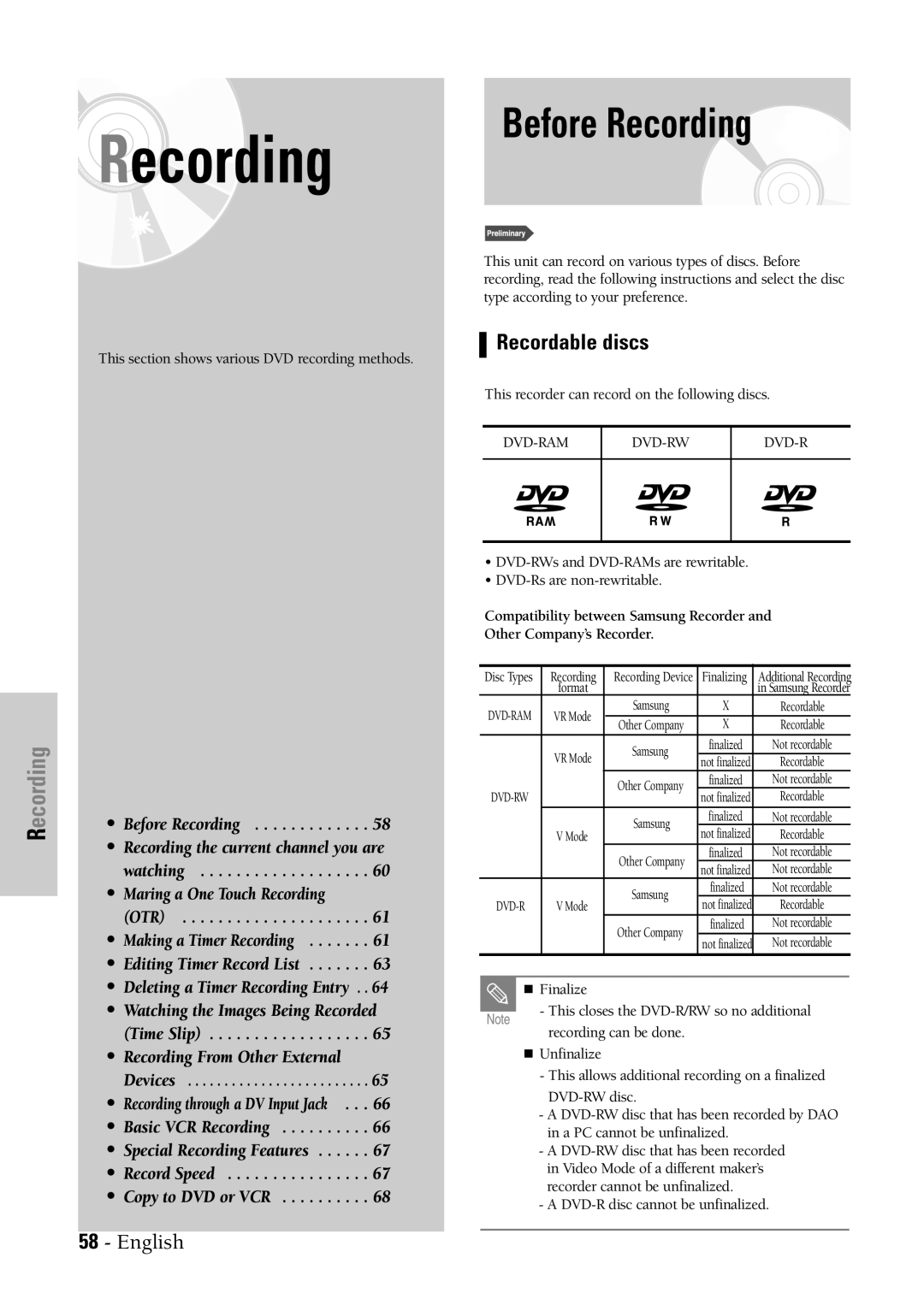 Samsung DVD-VR300 instruction manual Before Recording, Recordable discs, This section shows various DVD recording methods 