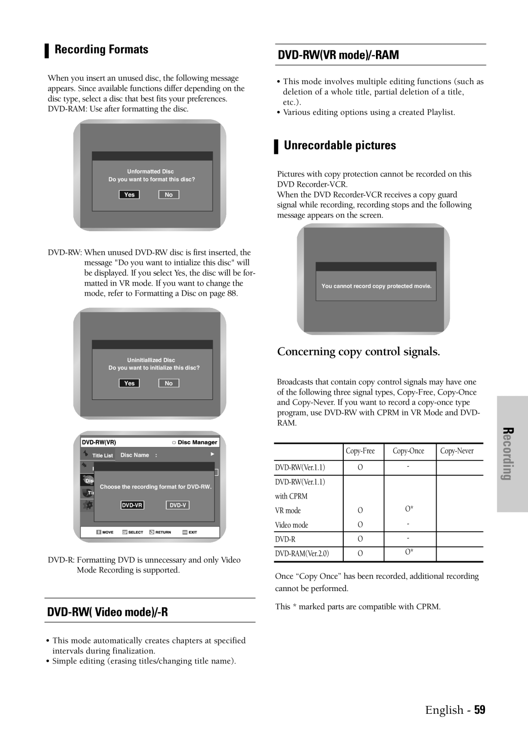 Samsung DVD-VR300 instruction manual Recording Formats, DVD-RW Video mode/-R, DVD-RWVR mode/-RAM, Unrecordable pictures 