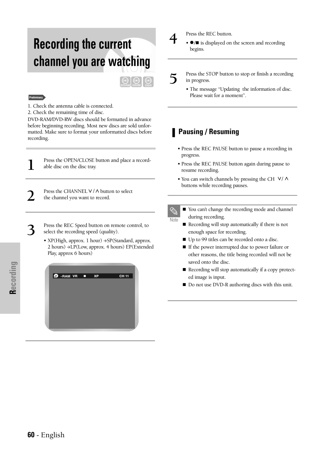 Samsung DVD-VR300 instruction manual Pausing / Resuming 