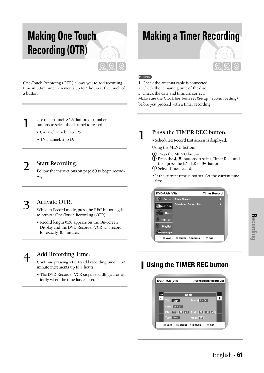 Samsung DVD-VR300 instruction manual Making One Touch Recording OTR, Start Recording, Activate OTR, Add Recording Time 