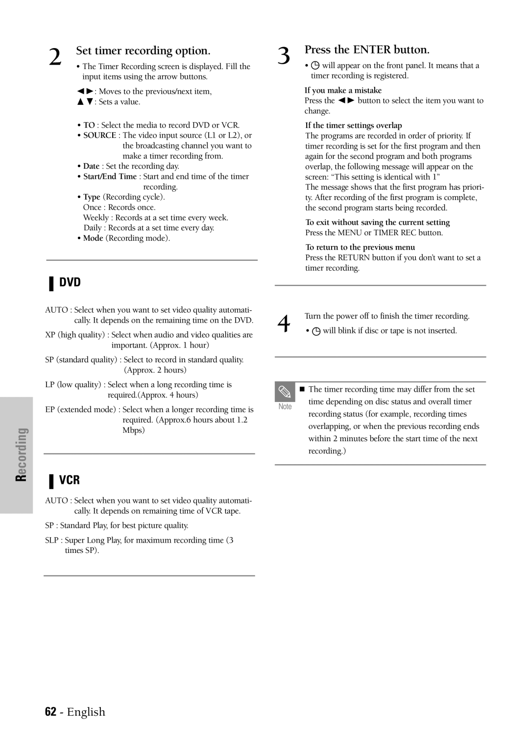 Samsung DVD-VR300 instruction manual Set timer recording option, Press the Enter button 