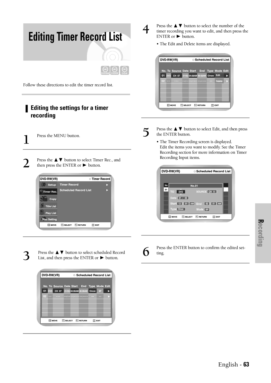 Samsung DVD-VR300 instruction manual Editing the settings for a timer recording 