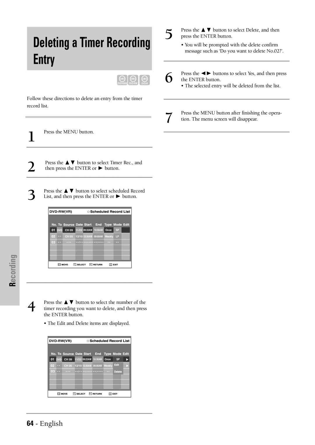 Samsung DVD-VR300 instruction manual Deleting a Timer Recording Entry 