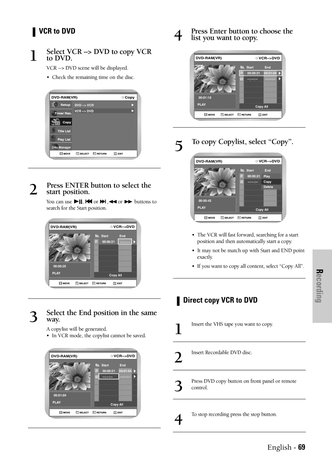 Samsung DVD-VR300 instruction manual Direct copy VCR to DVD 