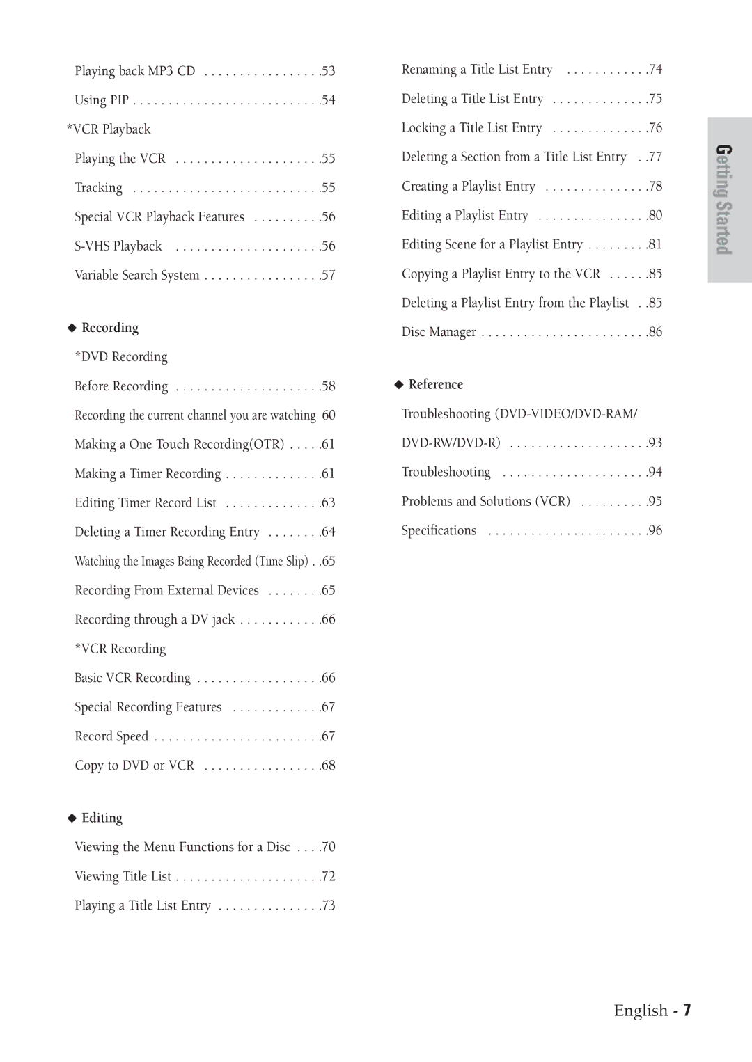 Samsung DVD-VR300 instruction manual Reference 