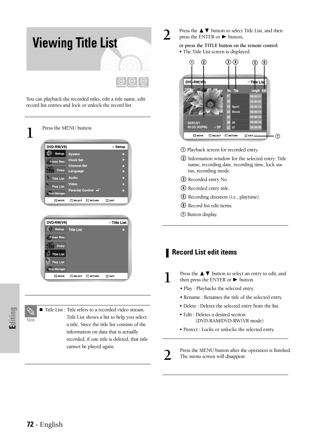 Samsung DVD-VR300 Viewing Title List, Record List edit items, Or press the Title button on the remote control 