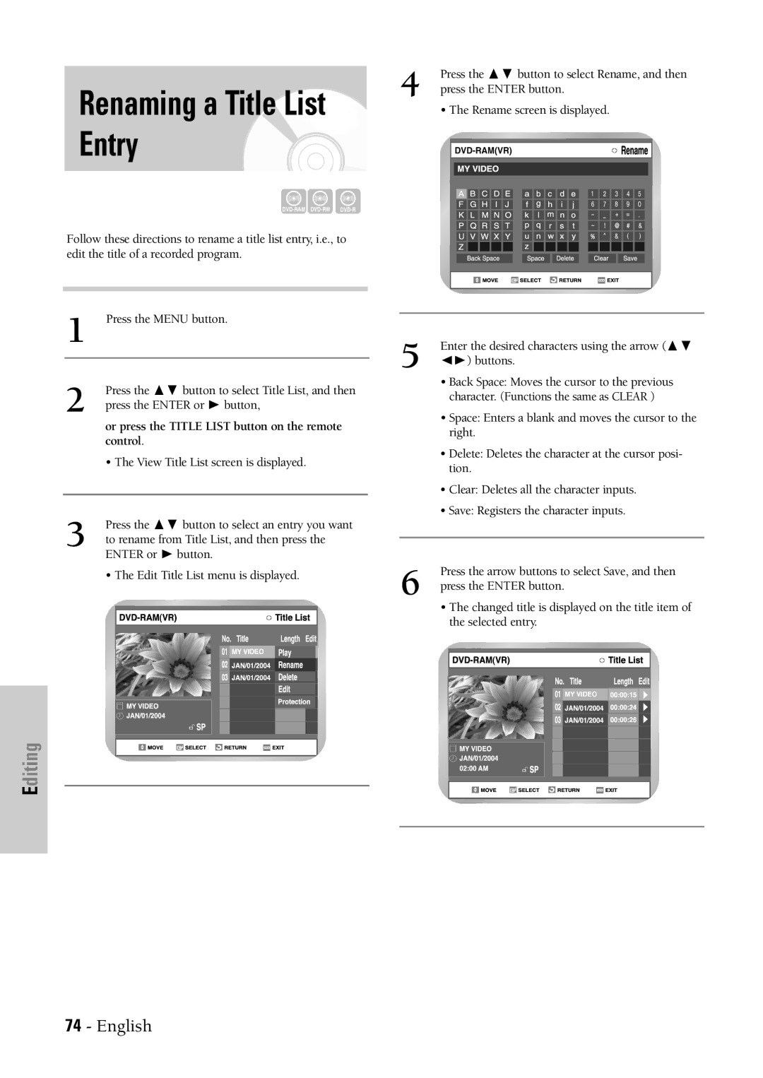 Samsung DVD-VR300 instruction manual Entry, Or press the Title List button on the remote, Control 