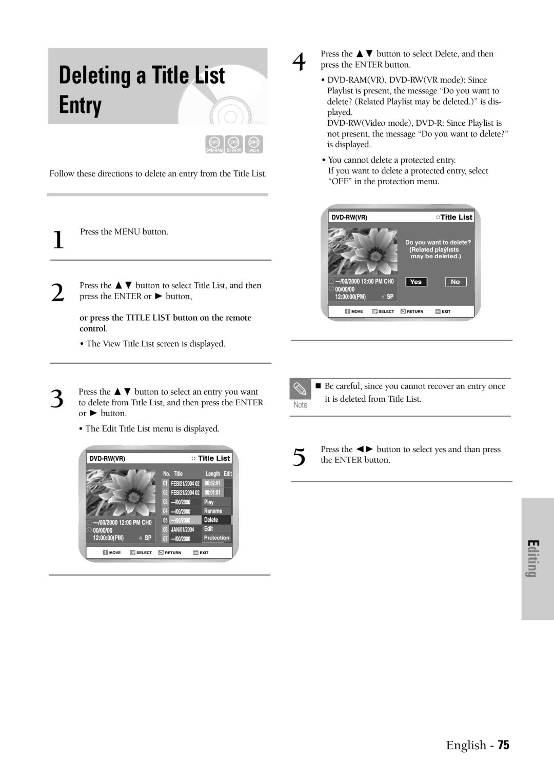 Samsung DVD-VR300 instruction manual Deleting a Title List Entry, DVD-RAMVR, DVD-RWVR mode Since 