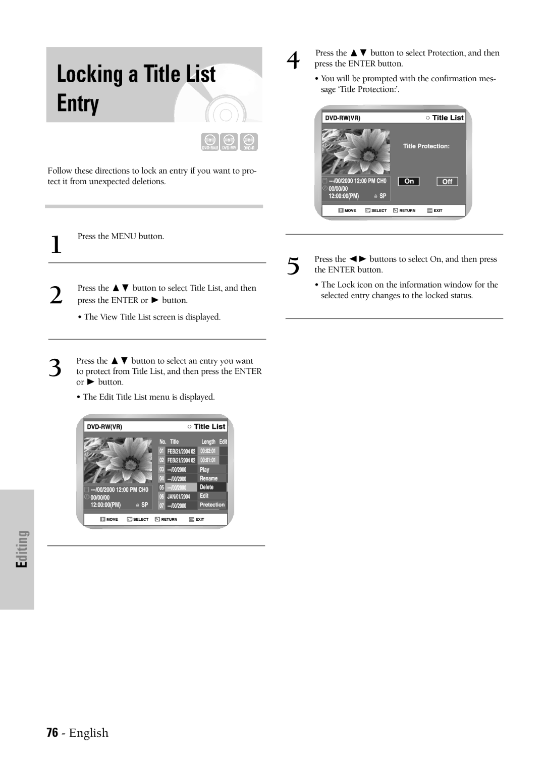 Samsung DVD-VR300 instruction manual Locking a Title List Entry, Press the ❷ button to select Protection, and then 