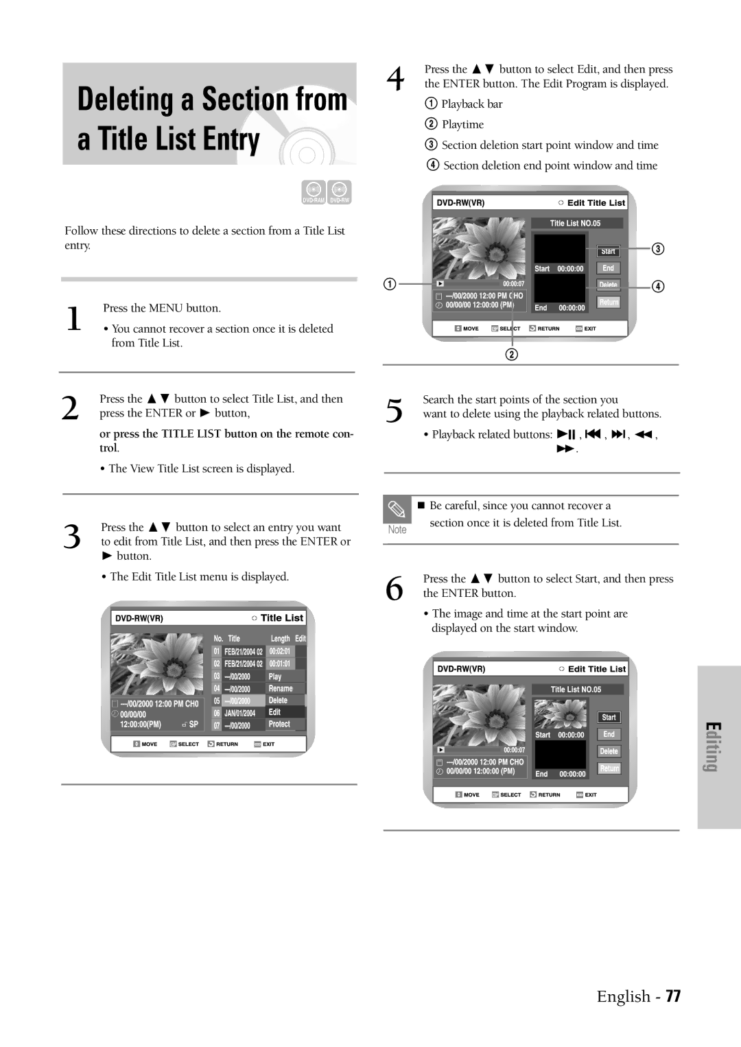 Samsung DVD-VR300 instruction manual Deleting a Section from a Title List Entry, Trol 