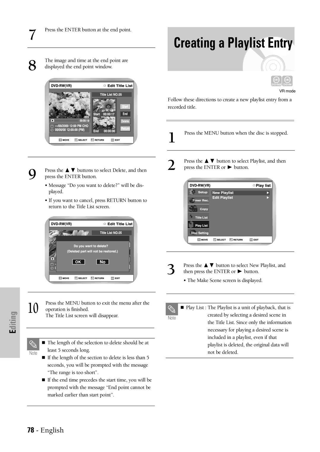 Samsung DVD-VR300 instruction manual Creating a Playlist Entry 